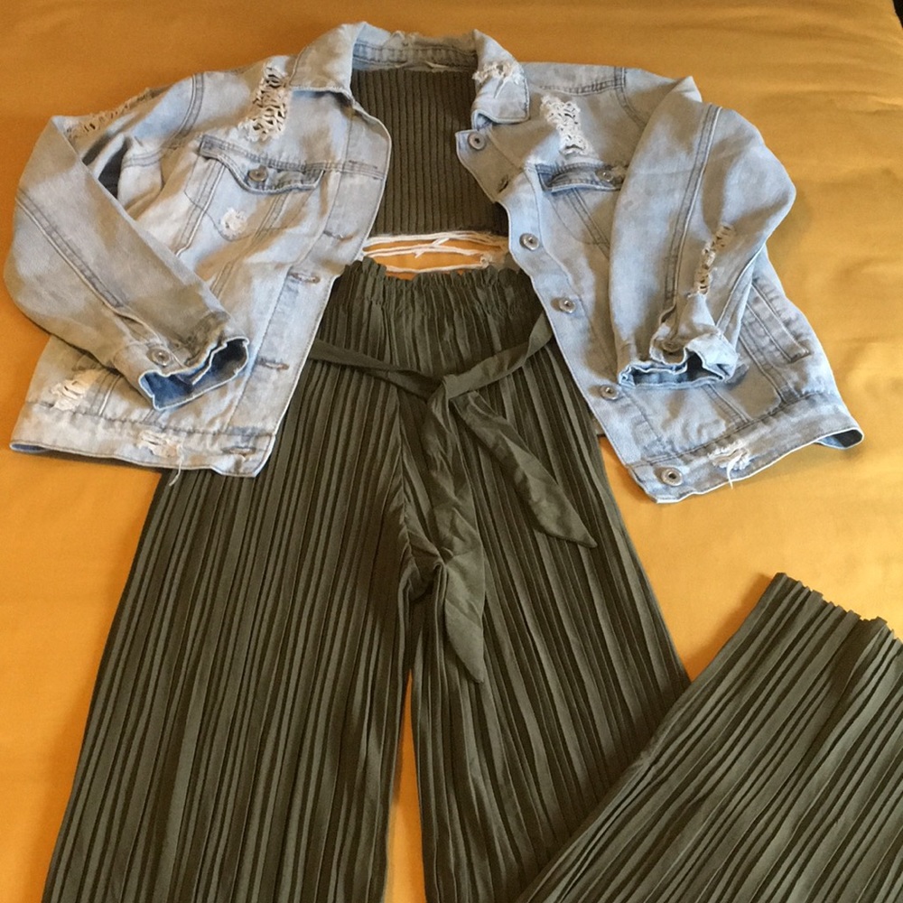 Outfit Lot- Distress Jacket,Charlotte Russe Crop Top and Pleated Pants